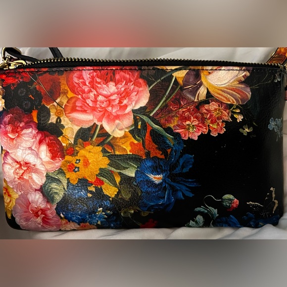 Black Leather clutch with flowers and crossbody shoulder bag. LODIS 9x5x0.5” - Picture 3 of 13